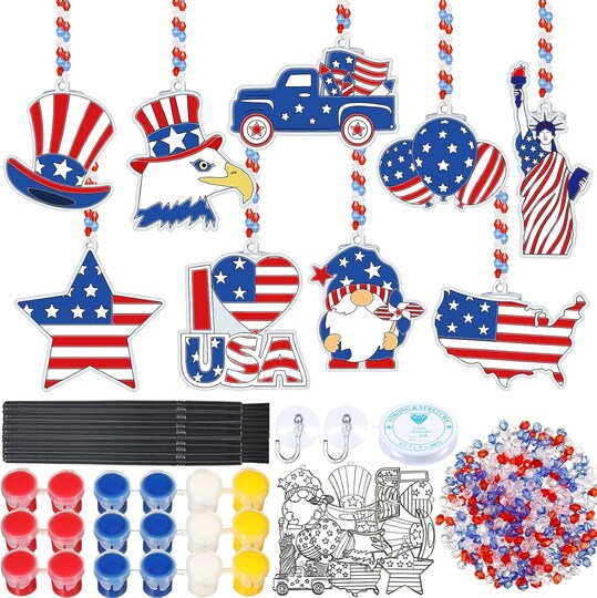 36 Sets 4th of July Suncatcher Craft Kit, Paint Your Own Patriotic Window Hanging Ornaments, American Flag DIY Arts and Crafts for Kids, Independence Day Classroom Party Activities